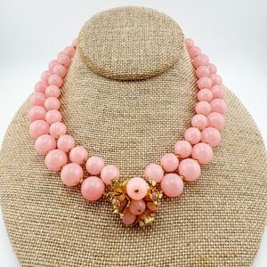 Vintage Pink Lucite Bead Necklace – Double Strand Retro Bubblegum Glam Barbie